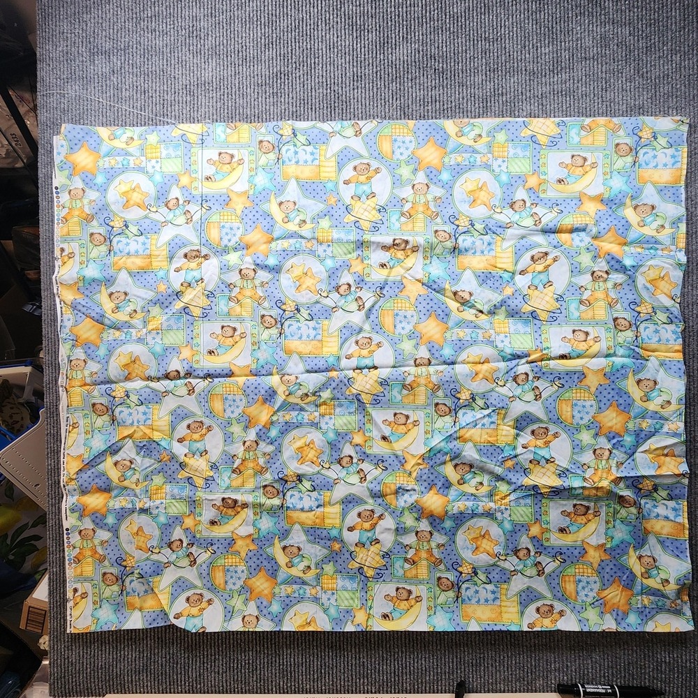 Vintage Teddy Bear Moon Stars Cotton Quilt Fabric Blue Nursery Baby 2 Yards